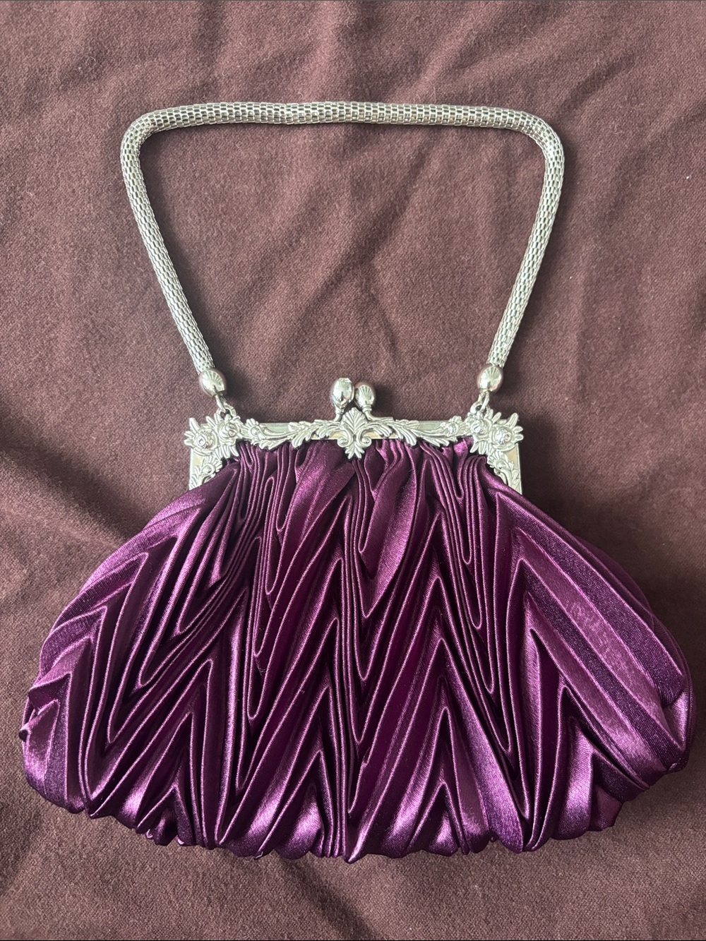 Vintage-Inspired Purple Satin Evening Bag with Silver Frame